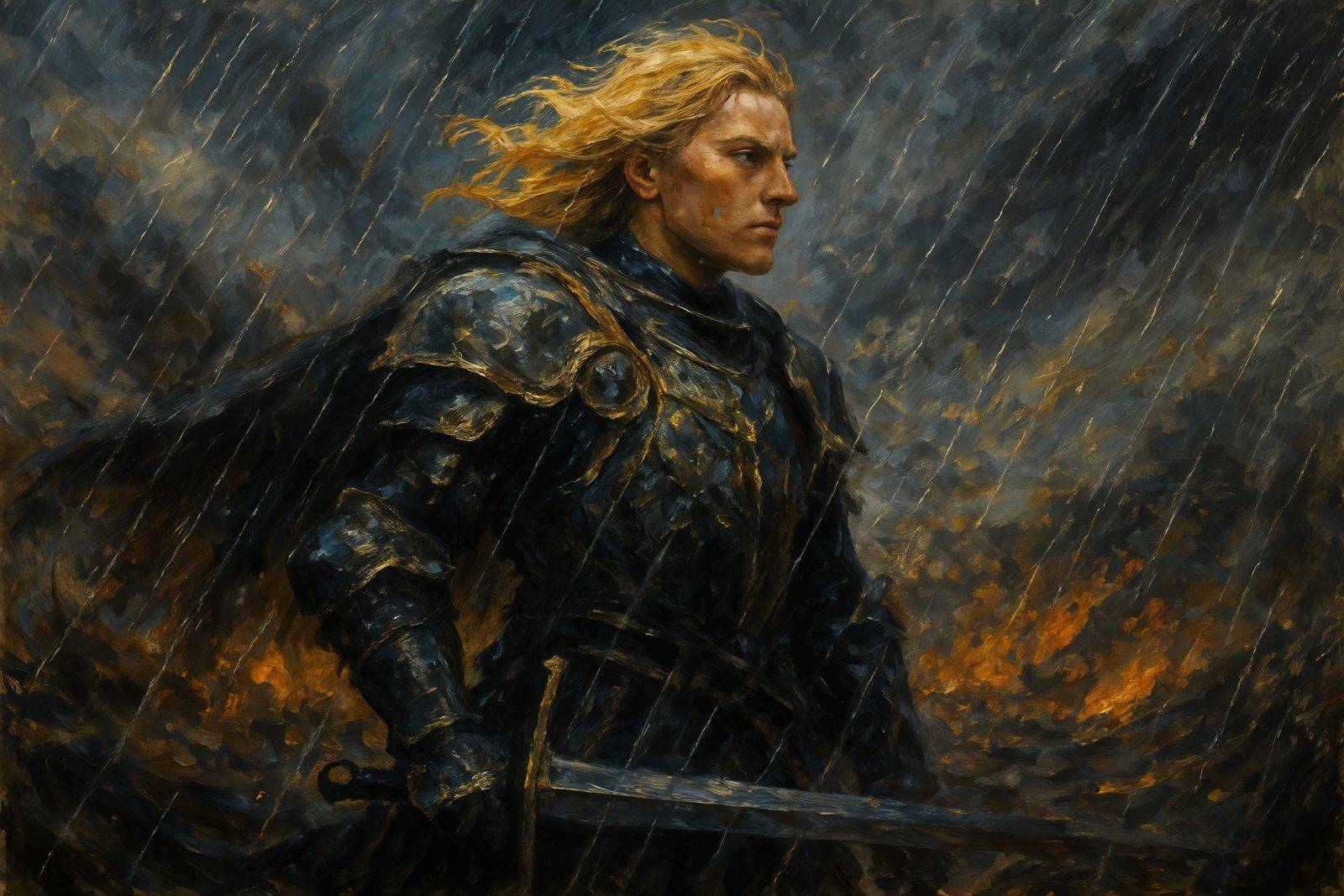 Knight in Fiery Landscape: Impressionistic Digital Painting