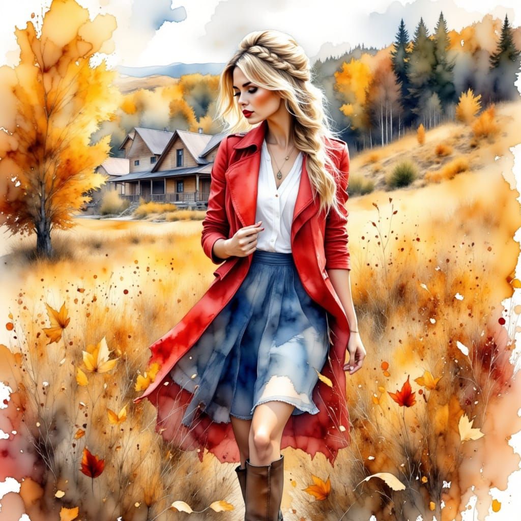 Woman in Autumn Countryside, Watercolor & Alcohol Ink Style