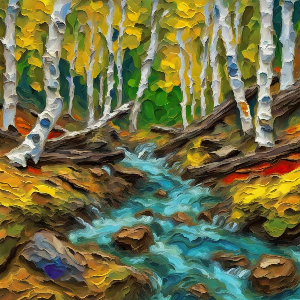 Aspen Forest and Stream in Impasto Style