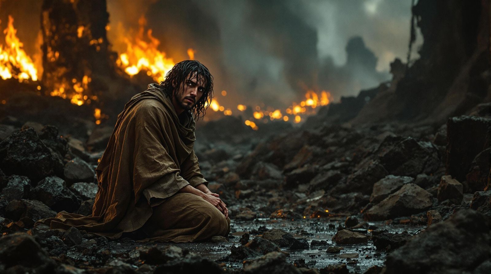 Prophet Kneeling in Ruins, Cinematic Style