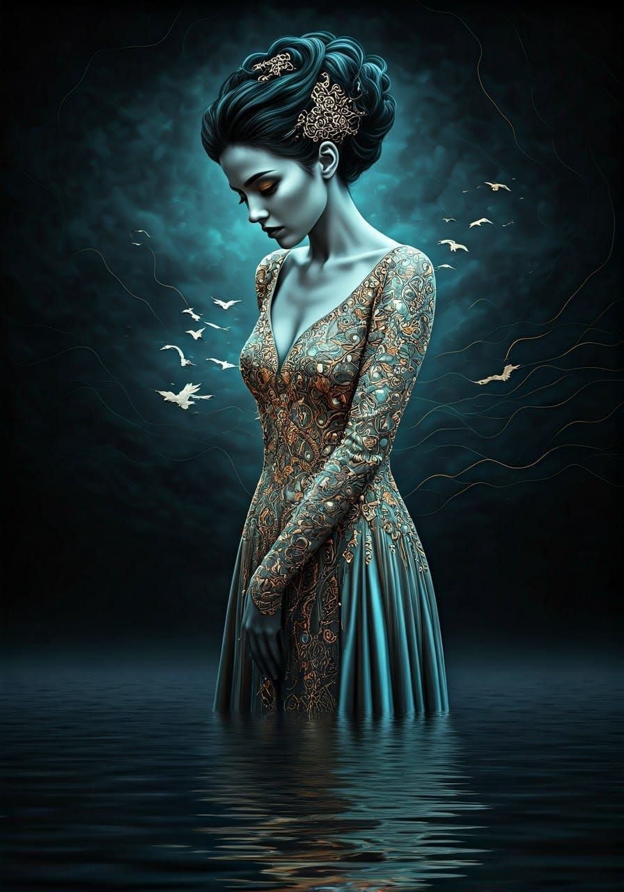 Woman in Gown with Bird Souls, Chiaroscuro-Lit