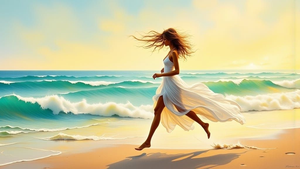 Woman Running Along Serene Seashore in Soft Impressionist St...