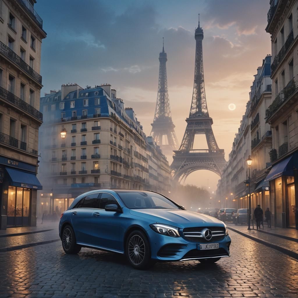 Mercedes Benz Parked on Misty Paris Street