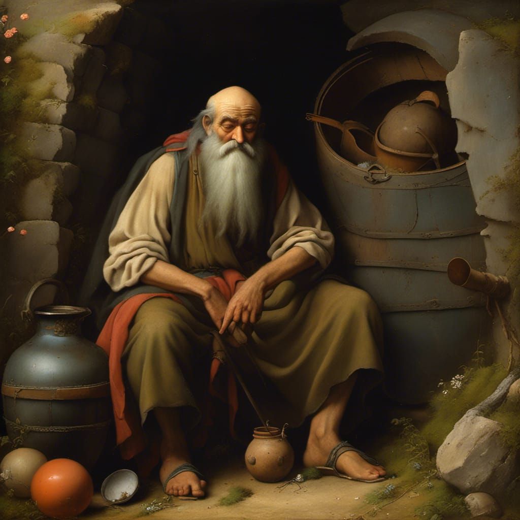 Diogenes in Pithos: Impressionist Oil Painting