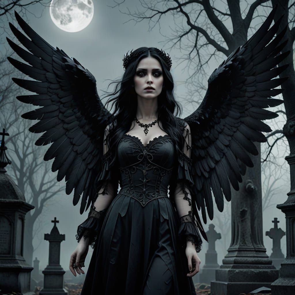 Gothic Angel in Moonlit Graveyard