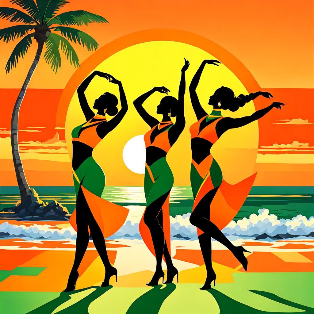 Beach Dance in Orange Sunset: 3D Art Deco
