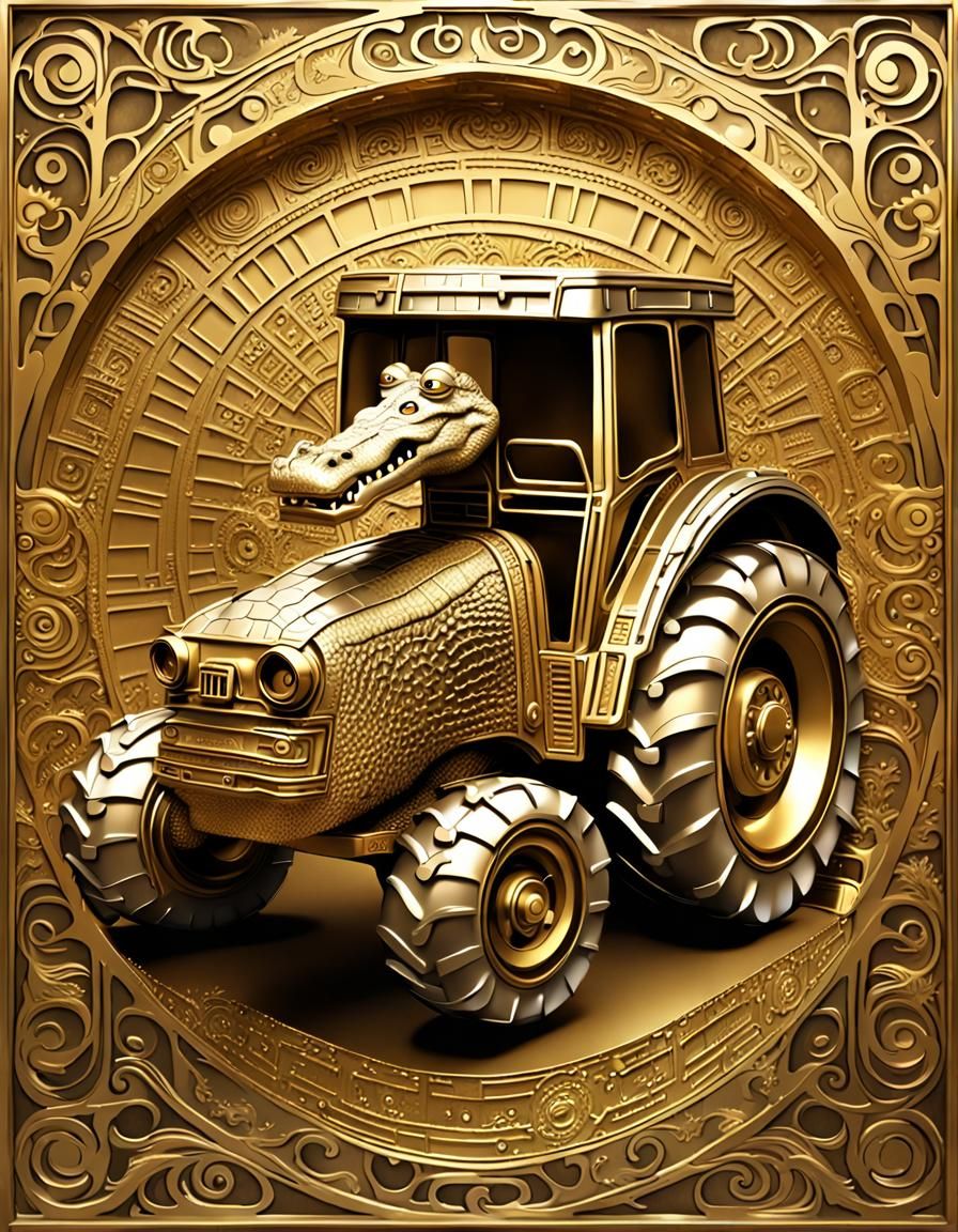 Golden Crocodile Tractor in Klimt Art Nouveau Style
