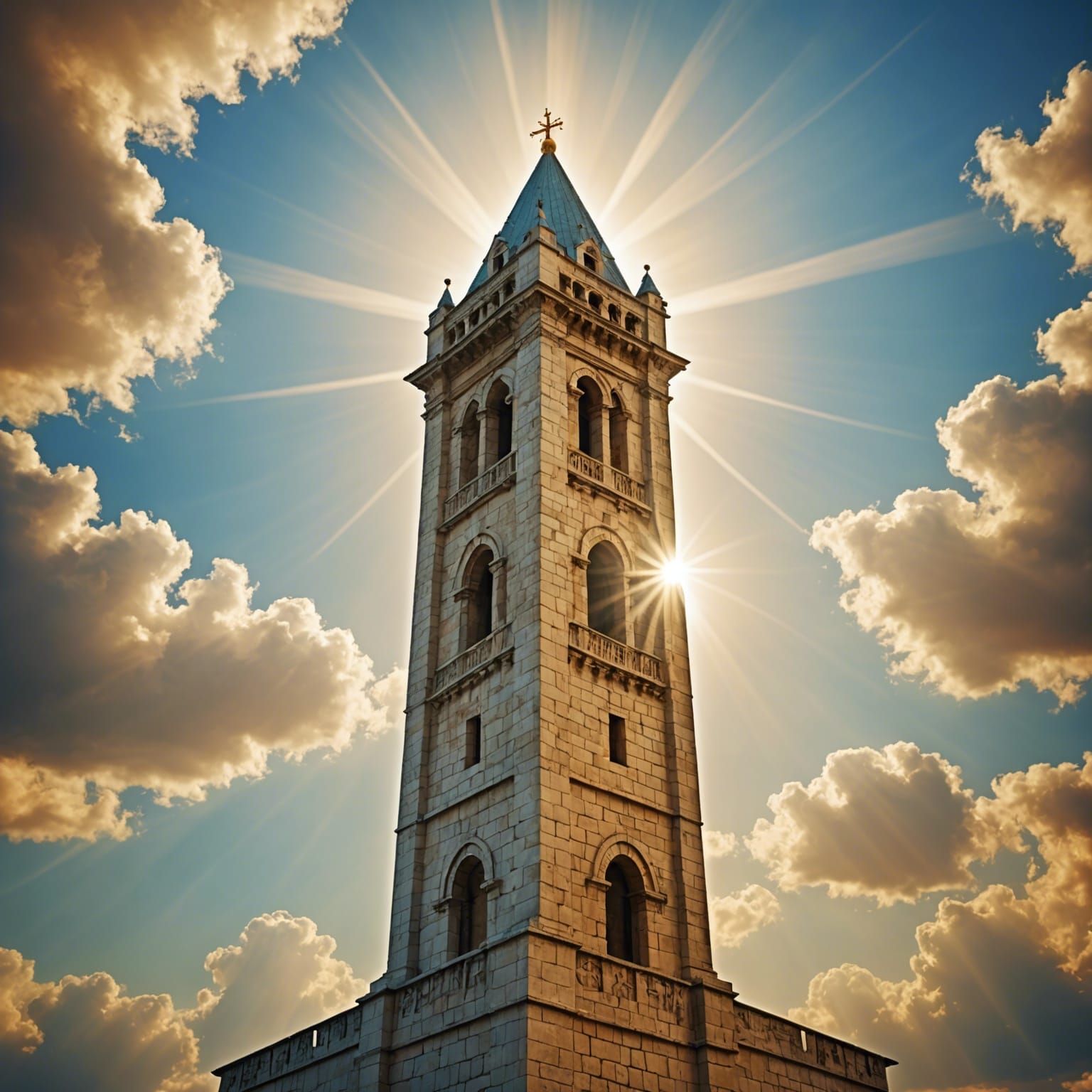 Jesus on Temple Tower with Divine Light