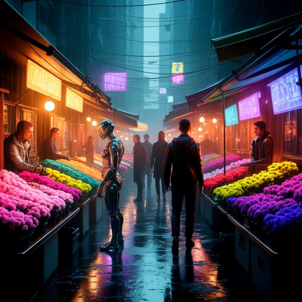 Futuristic Flower Market in Neon-Lit Alley