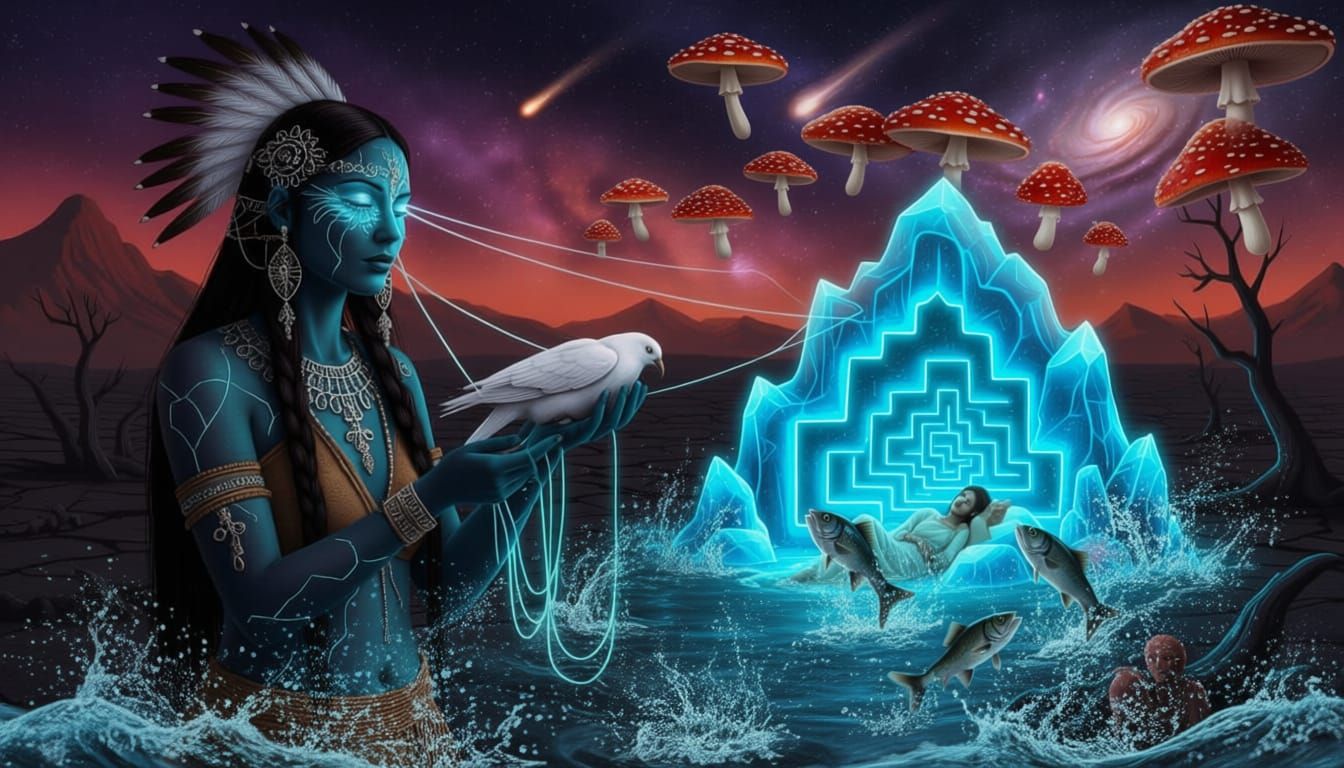 Mystical Shaman with Bioluminescent Core in Cosmic Landscape