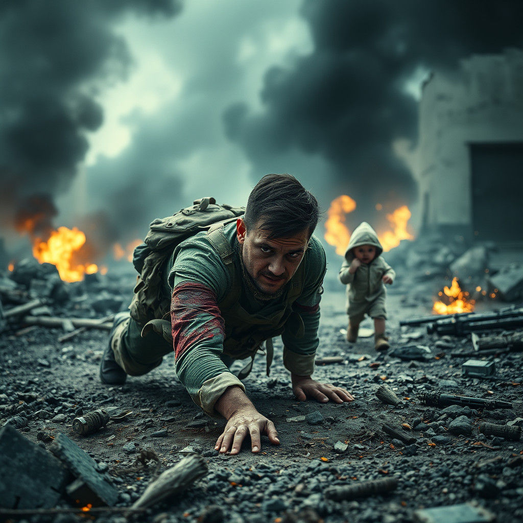 Wounded Soldier's Determination on War-Torn Battlefield
