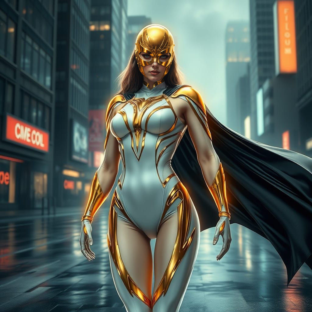 Glowing Superheroine in Cyberpunk Style