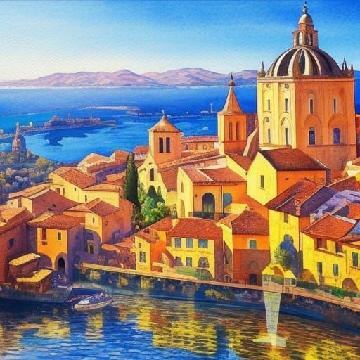 Medieval Spanish City in Impressionist Gouache Style