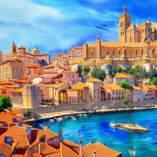 Sunny Medieval Spanish City in Gouache Style