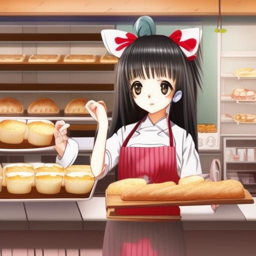 Anime Cat Girl Baking in Japanese Bakery