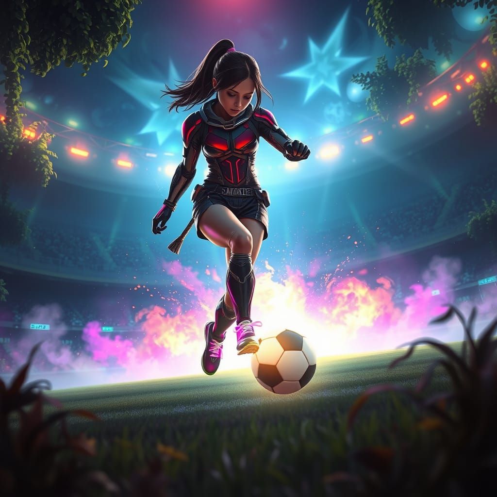 Girl Kicking Glowing Orb in Futuristic Soccer Stadium