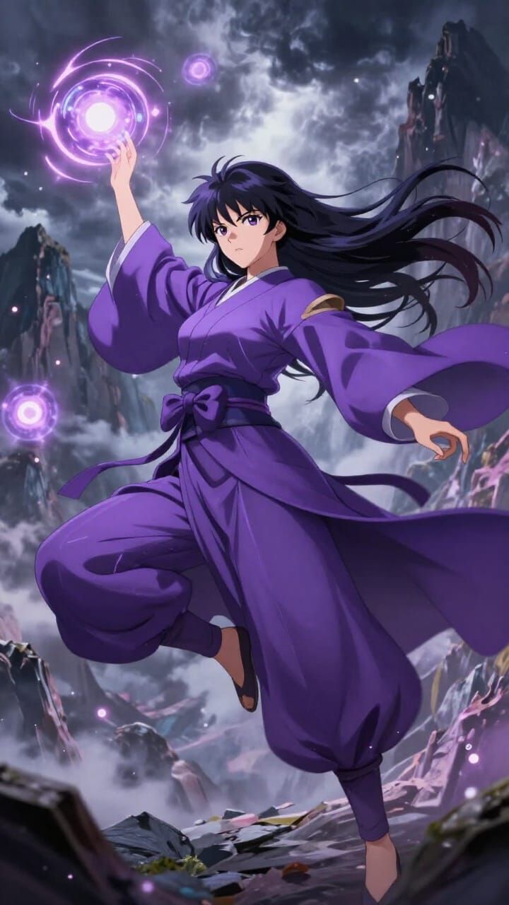 Anime Mage With Magical Orbs in Stormy Mountains