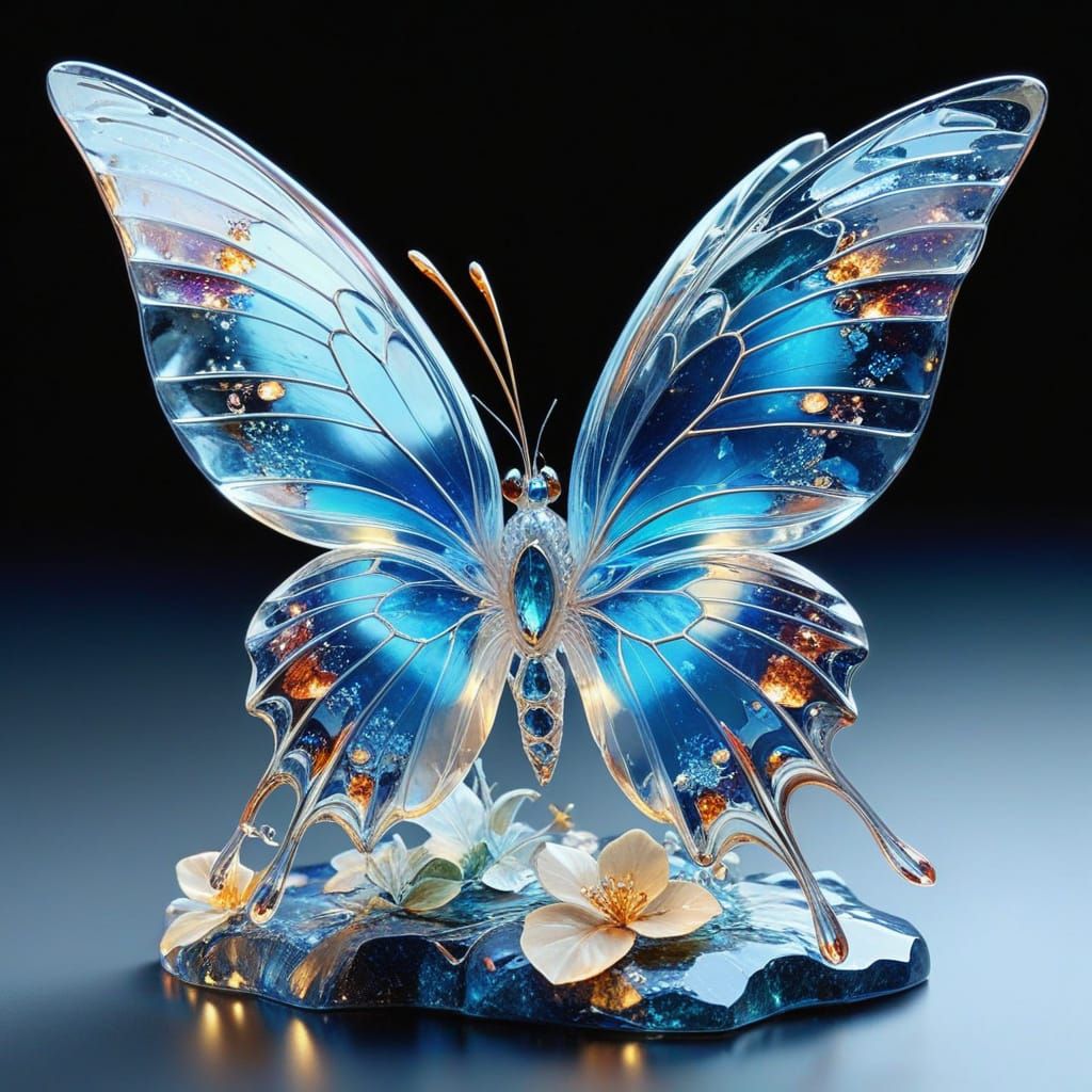 Ethereal Blue Butterfly in Glass Sculpture