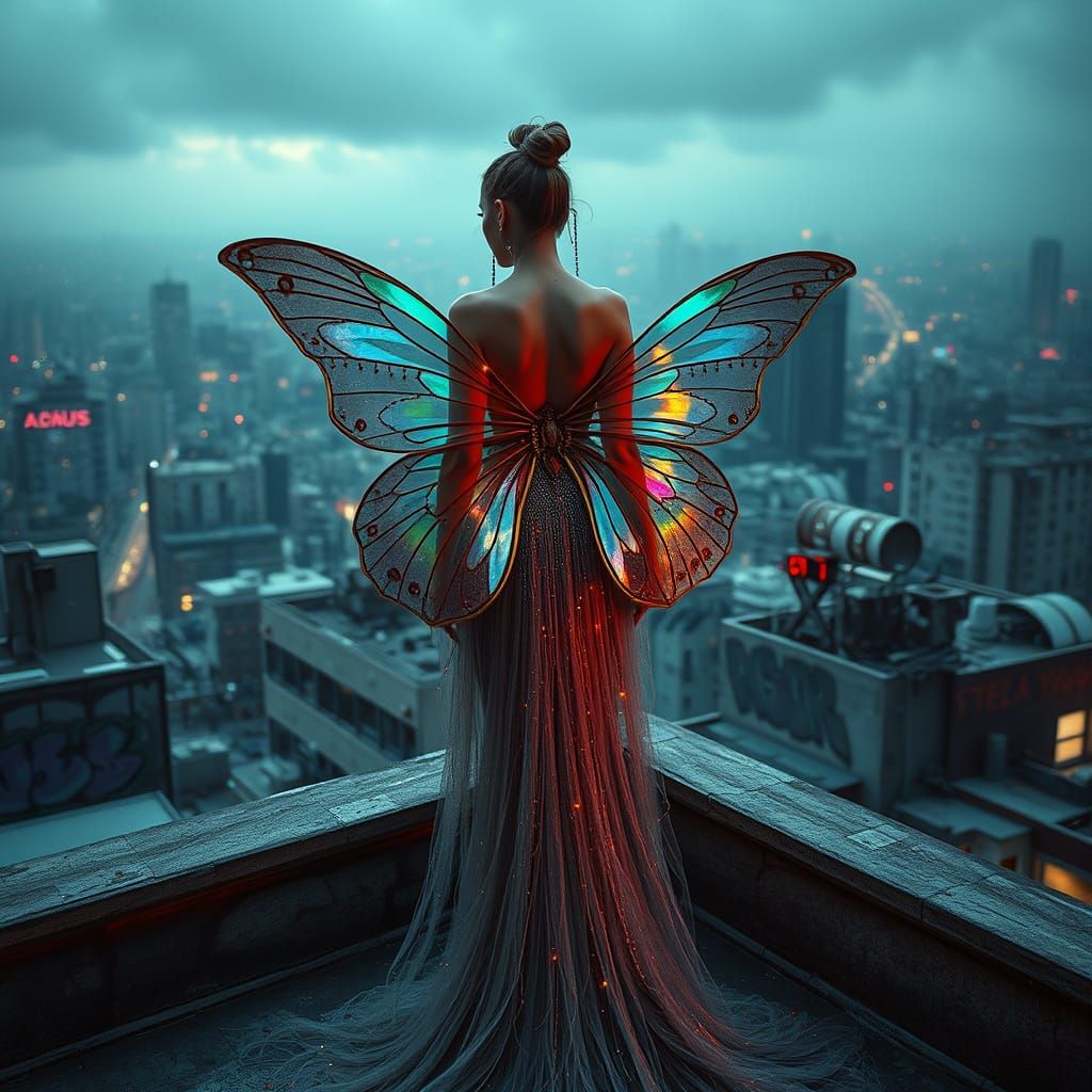 Cyberpunk Fashion Model in Butterfly Gown on City Rooftop