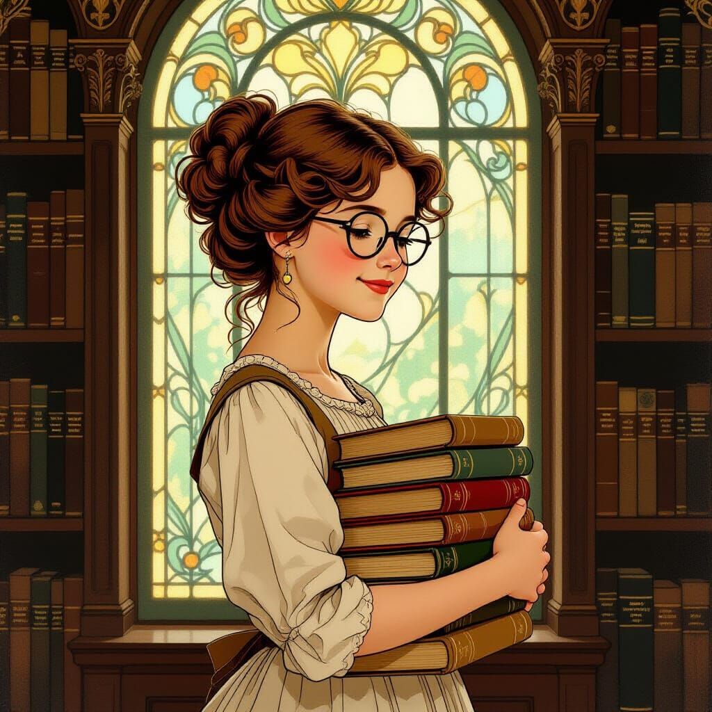 Girl in Art Nouveau Library with Stained-Glass Window