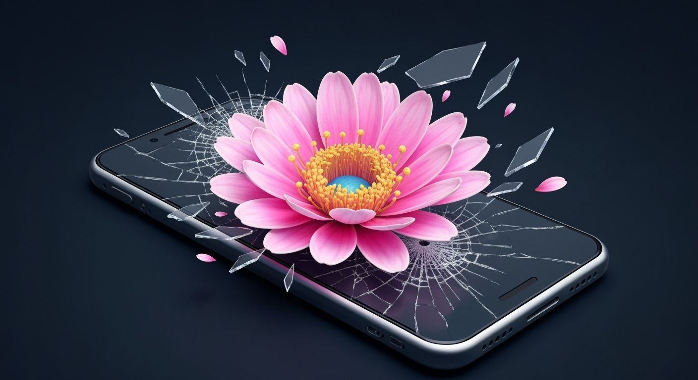 Beautiful flower growing out from a smartphone. Delicate det...