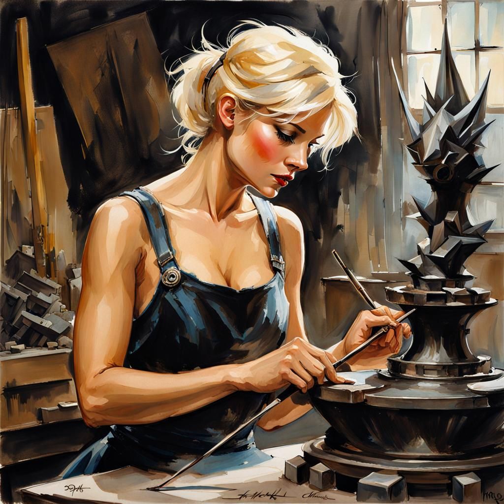 Gothic Beauty in Sculptor's Workshop, Modern Ink Painting