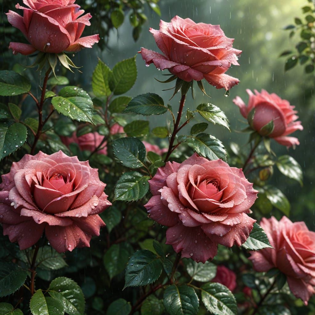 Velvety Roses in Morning Sunlight, Garden After Rain