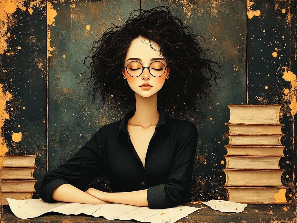 Woman in Study with Towering Book Stack