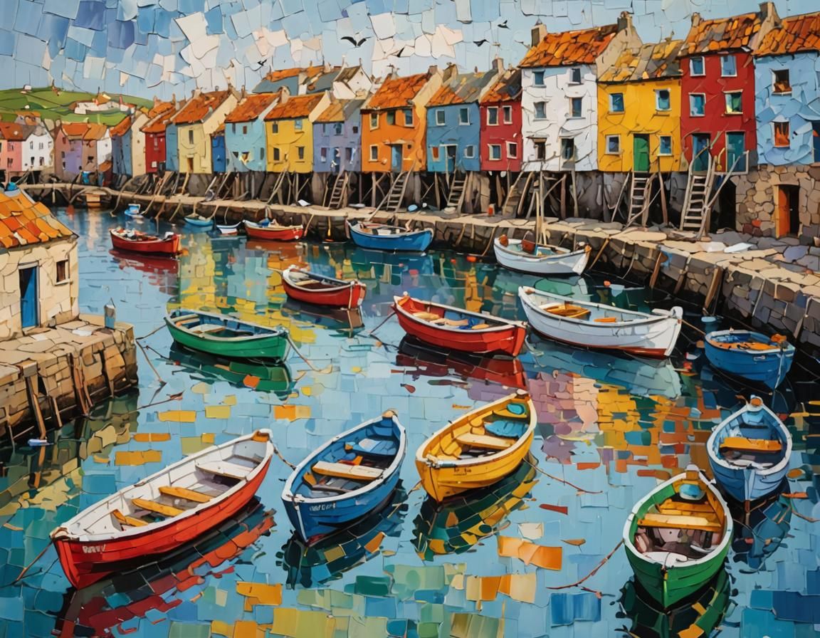 Colorful Fishing Harbor: An Impasto Painting
