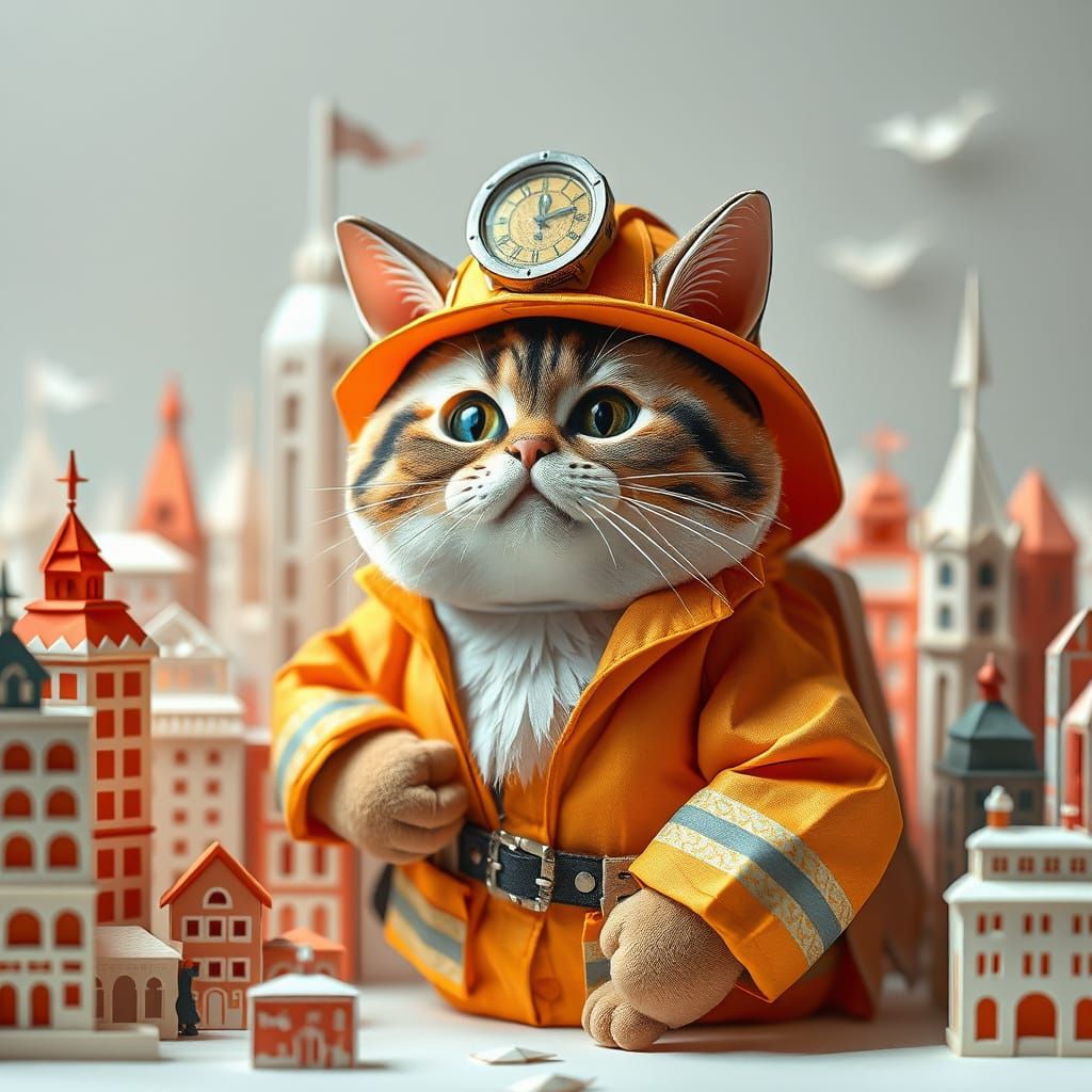 Whimsical Feline Firefighter in Origami City