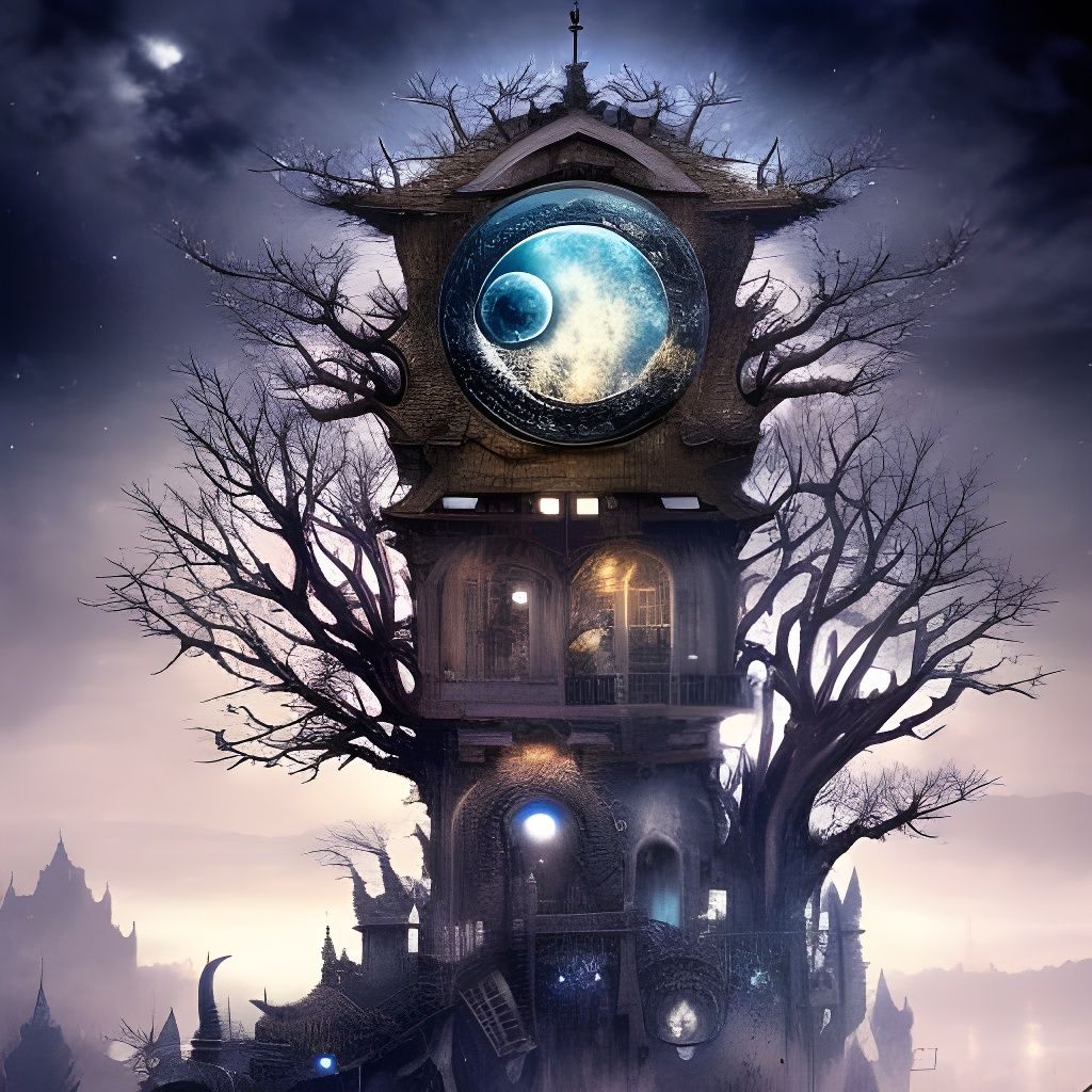 Clockpunk Bonsai Village Under Moonlight in Digital Art