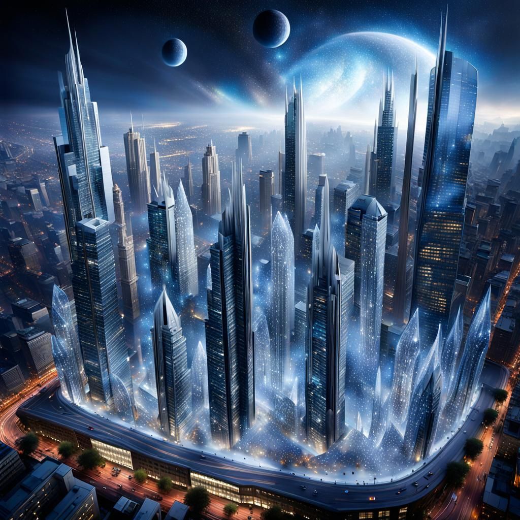 Fusion of realistic and fantastic elements of nighttime city...