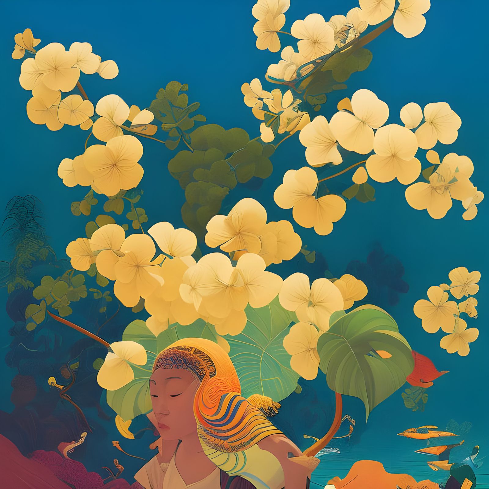 Vibrant Tropical Scene in Golden Age Illustration Style