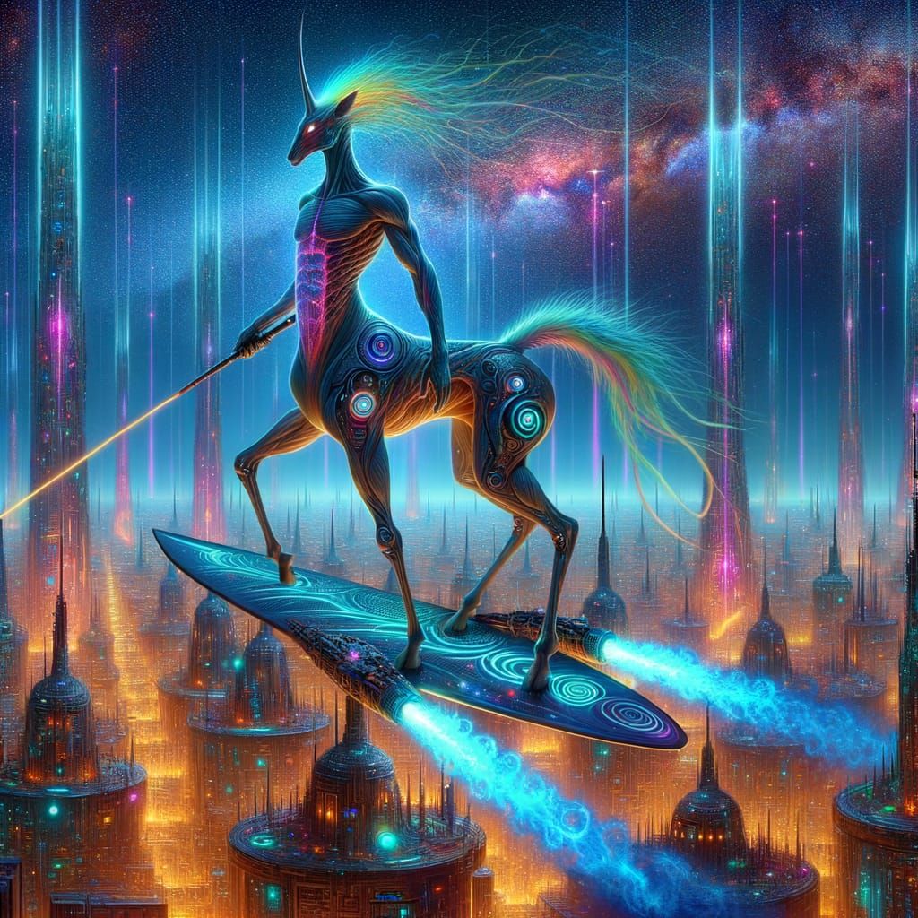 Ethereal Sci-Fi Centaur Soars Over Cyberpunk Metropolis