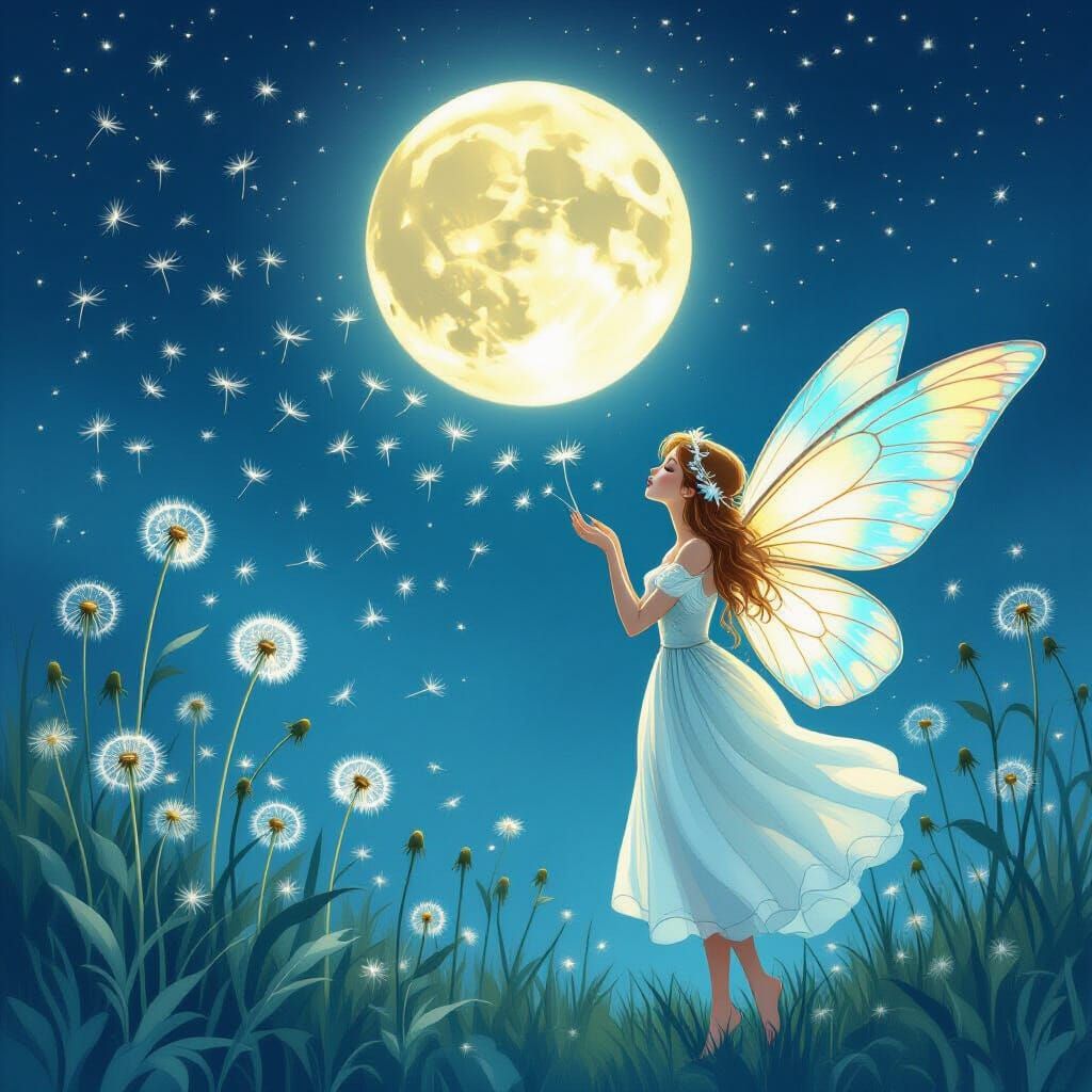 Fairy Blowing Dandelion Seeds to Form Moon in Night Sky
