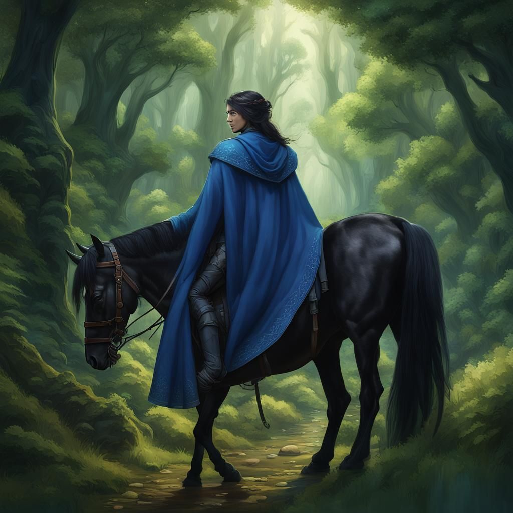 Female Traveler and Horse in Lush Forest