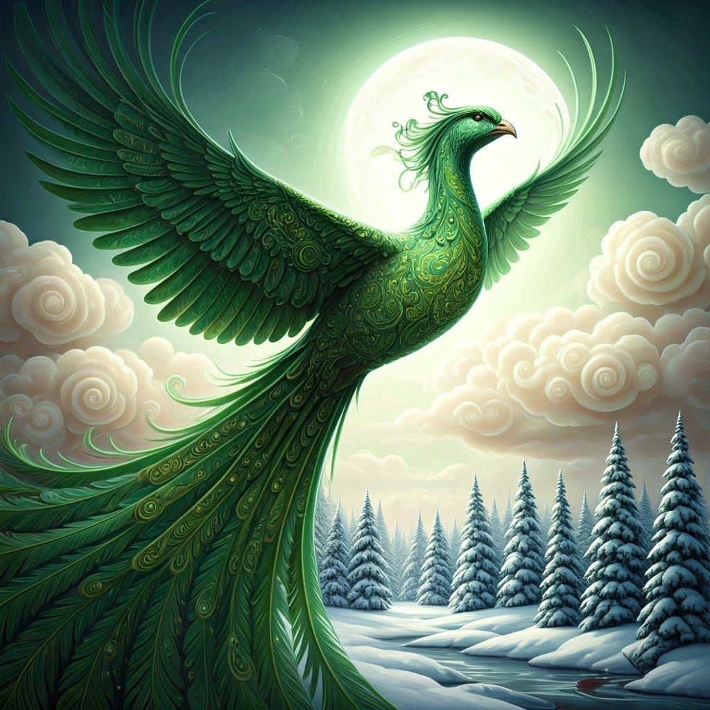 Majestic Green Phoenix in Ethereal Landscape