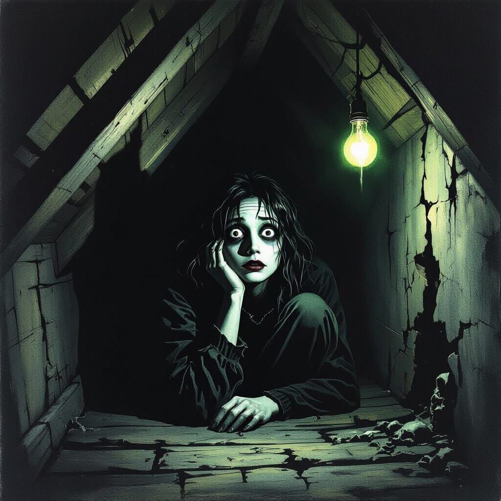 Gothic Horror Scene: Terrified Person in Dark Attic