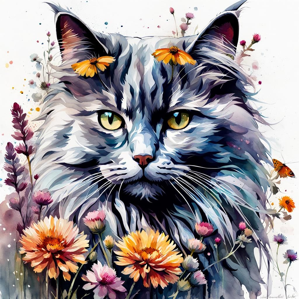 Fluffy Gray Cat in Watercolor Style with Flowers