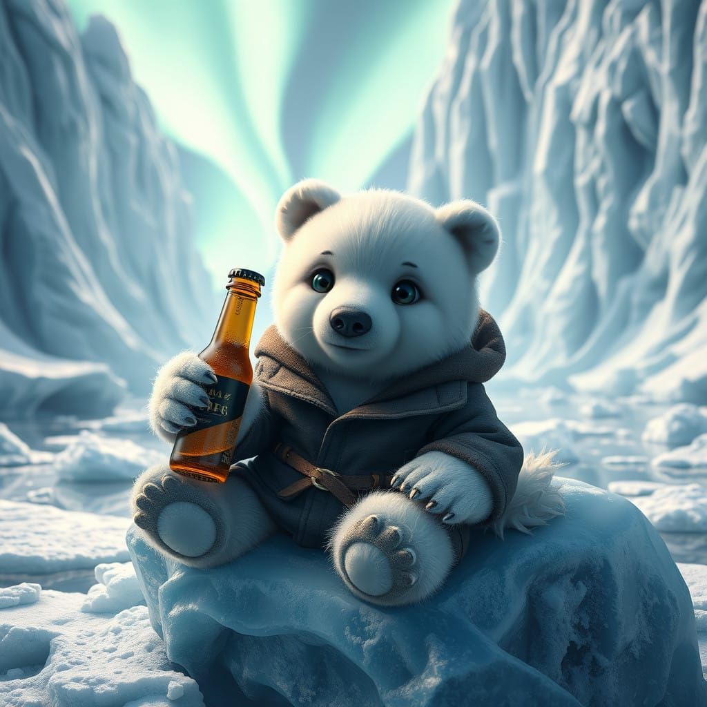 Cinematic Baby Ice Bear in Leather Jacket, Frosty Beer and M...