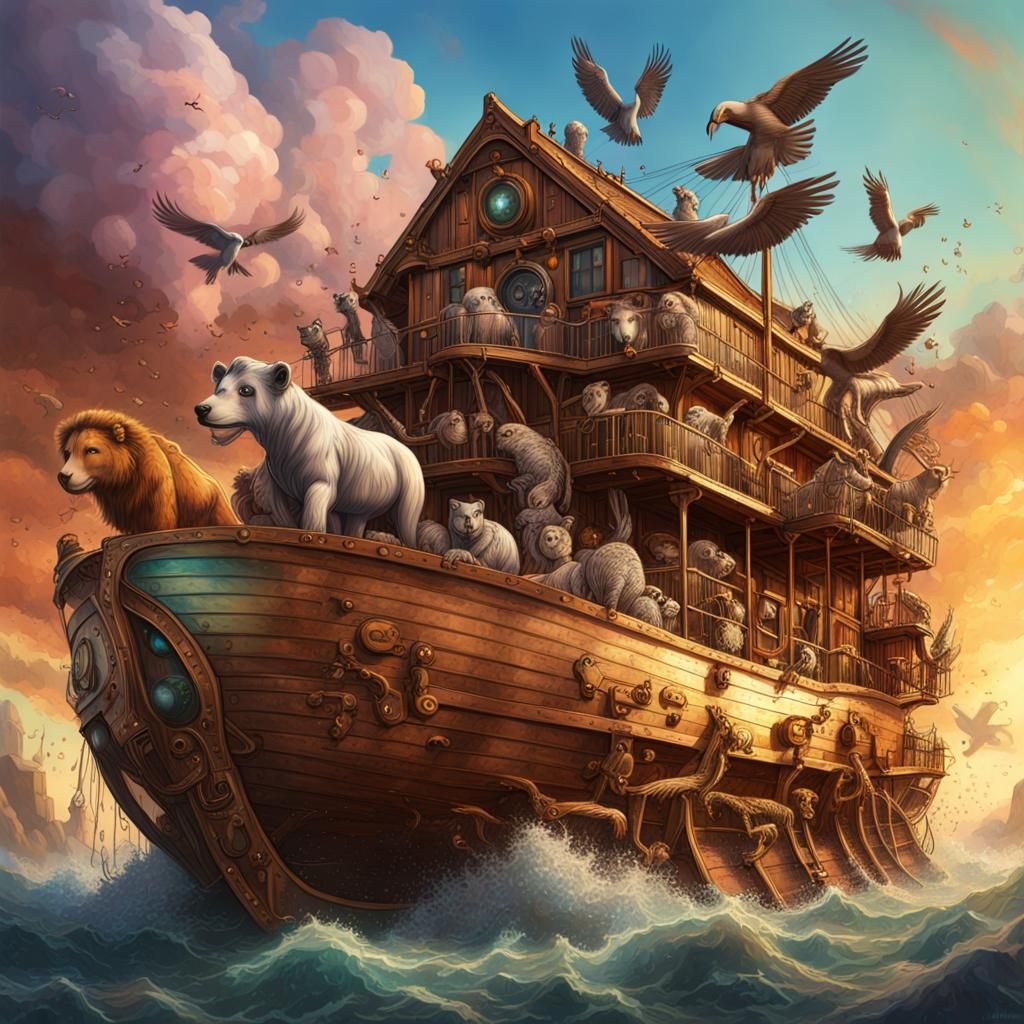 Steampunk Noah's Ark with Colorful Animals
