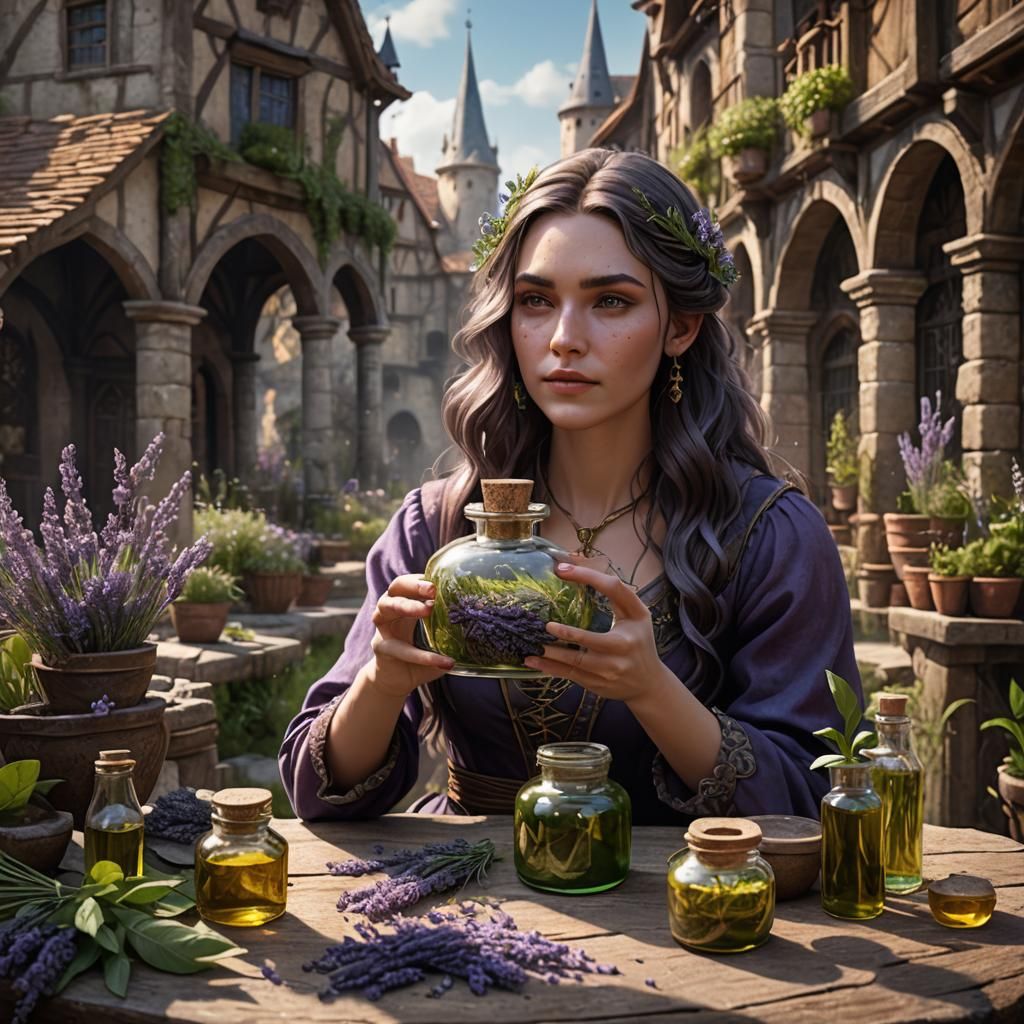 Medieval Girl Holding Hair Serum, Matte Painting