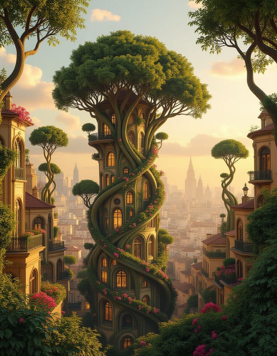 Surreal Art Nouveau Cityscape Blending Nature and Architectu...