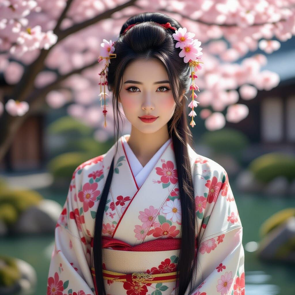 Modern Geisha in Tea Garden, Photorealistic Rendering