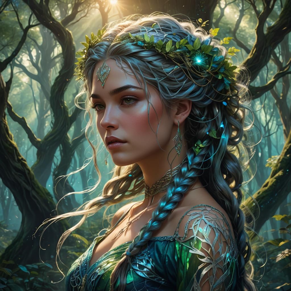 Mystical Forest Woman with Elaborate Hairstyle