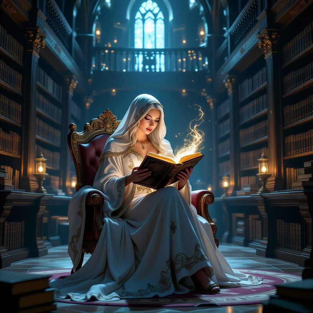Ethereal Woman Reading in Grand Library