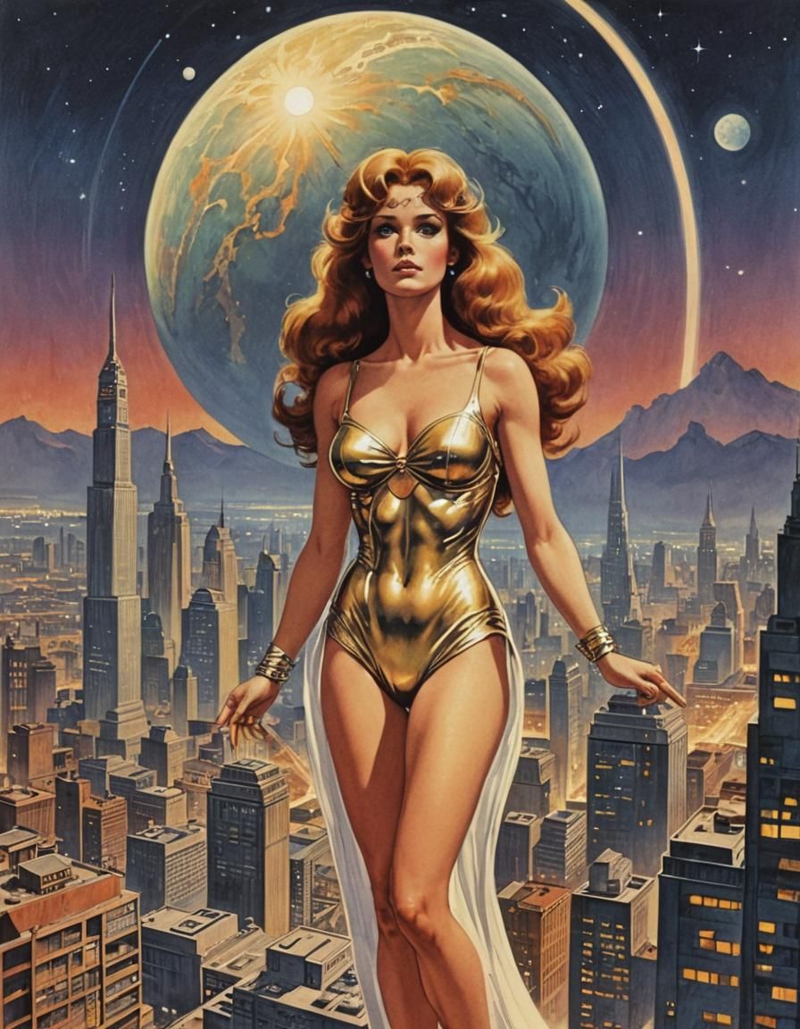 Venus Shines Over City: 1970s Sci-Fi Illustration
