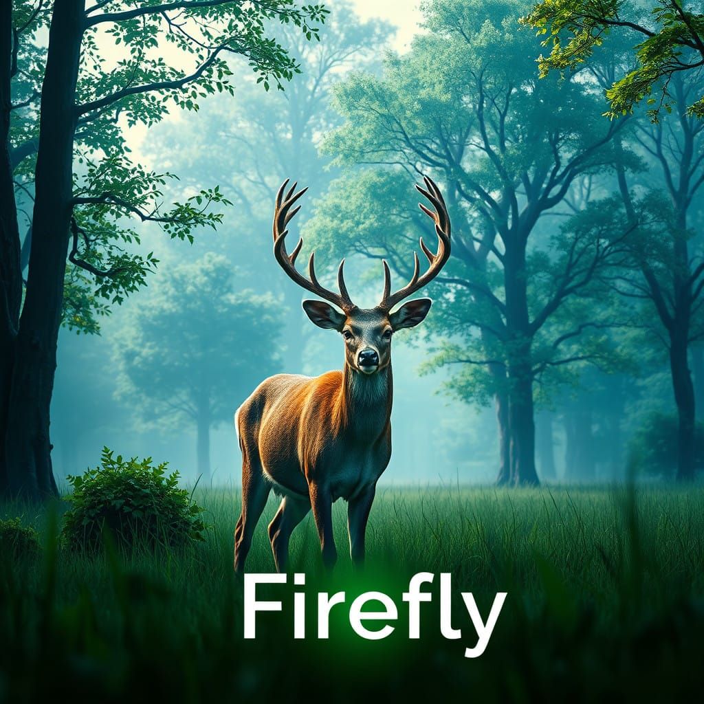 Majestic Deer in a Lush Forest with Adobe Firefly Logo