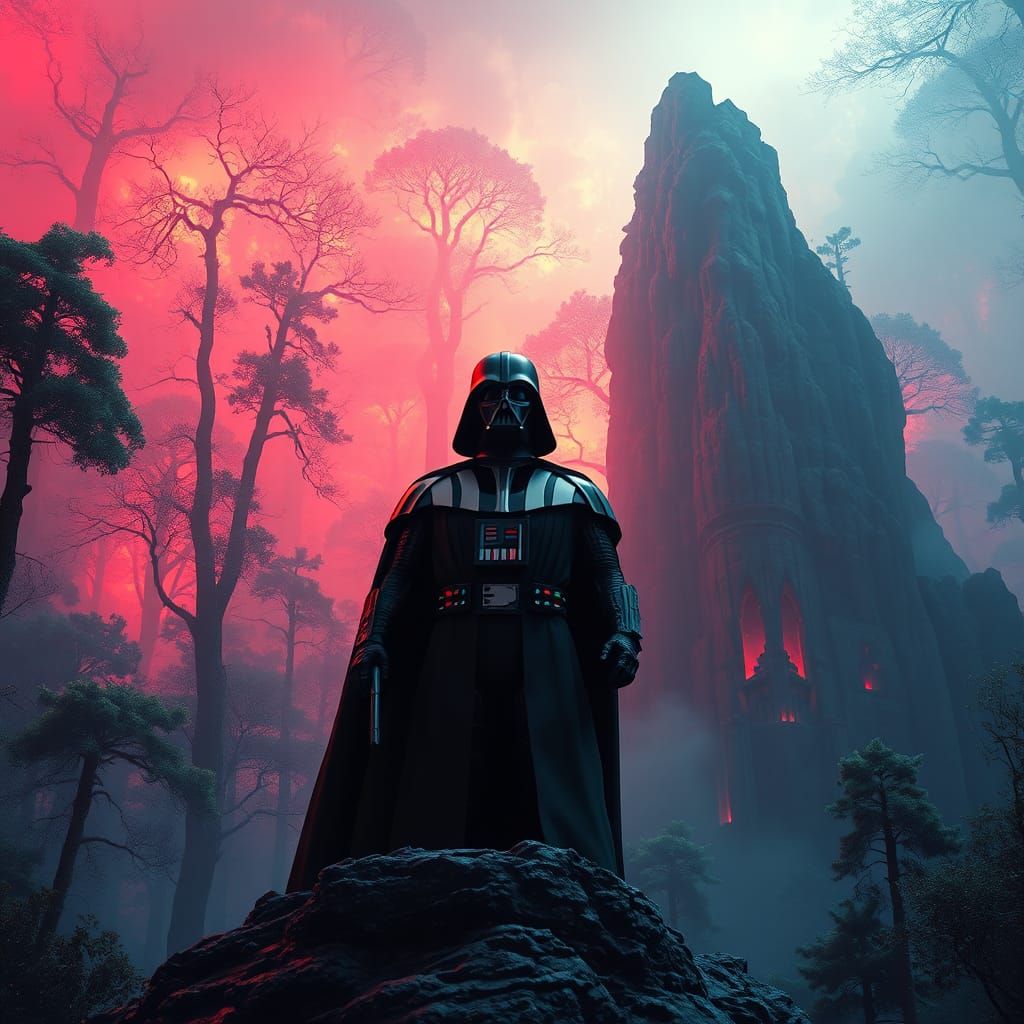 Darth Vader in Mystical Forest, Matte Painting Style