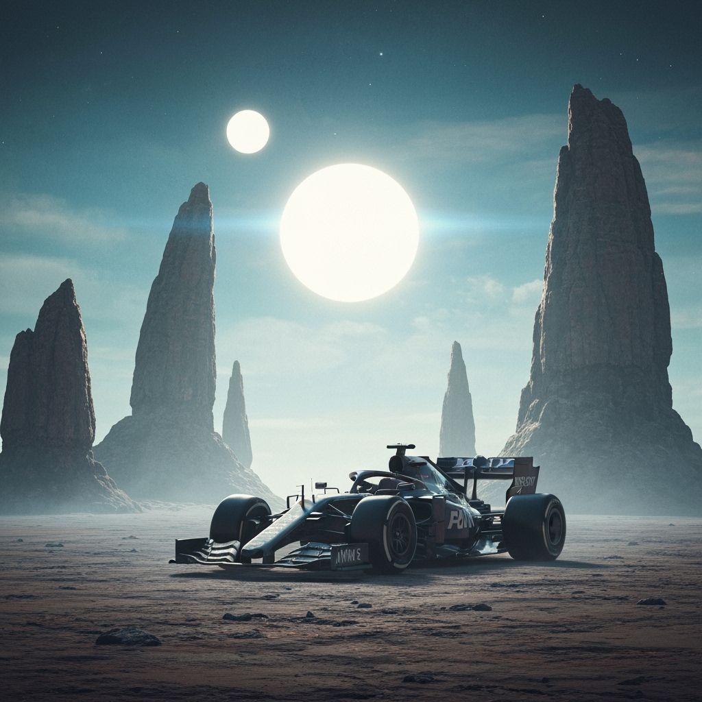 Formula One Car on Alien Planet in Hyperrealistic Style